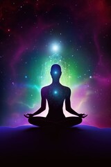 Meditating human silhouette in yoga pose. Galaxy universe background. Colorful chakras and aura glow. Meditation on outer space background with glowing chakras. Esoteric.