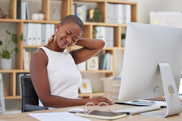 Stress, office or black woman with neck pain injury, fatigue or burnout in business or startup...