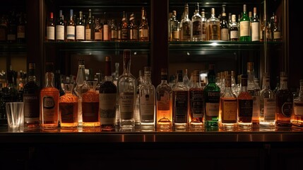  Bottles of Spirits and Liquor Displayed at the Bar AI generated - obrazy, fototapety, plakaty