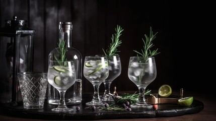 Classic Gin and Tonic Cocktail with Rosemary in Tall Glasses AI generated