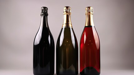 Tops from Different New Bottles of Champagne and Wine on Light Background AI generated