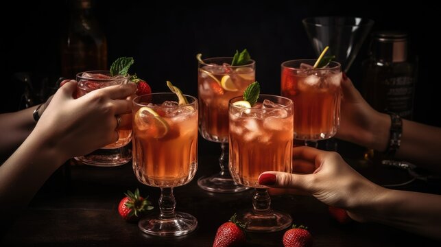 Friends Toasting with Whiskey and Strawberry Cocktail Glasses AI generated