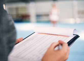 Hand, documents and assessment in a gym with a coach watching a performance in preparation of competition. Paper, checklist and personal trainer in a sports center for fitness, planning or review