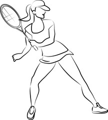 Young female tennis player in a baseball cap with a racket in her hand in motion. cartoon. black line,