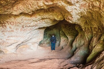 Obraz premium Rear view of a hiker in a cave against the background of Sipi Waterfall in Mount Elgon, Mbale, Uganda