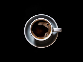 Cup of coffee on a saucer, top view, on an isolated black background. Generative AI