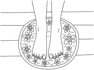Vector spa pedicure top view colorig page. Female feet in bowl with water and flowers illustration