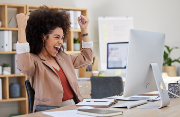 Happy woman winning on computer success, bonus or celebration for news, sales and business cheers in office. Wow, yes and winner or biracial person celebrate, fist pump and reading opportunity on pc - Powered by Adobe