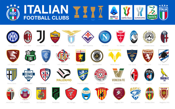 Vector set of 42 Italian football club's logos including Serie A and Serie B