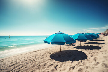 Fototapeta premium ai generated illustration of beach umbrella with chairs on the sand