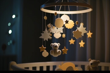 Handmade felt toys above the newborn crib with light garland in the night. Baby crib mobile, first baby eco-friendly toys, cozy child's bedroom interior AI generated