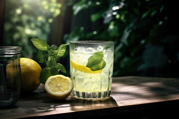 ai generated illustration of  selective focus of A glass with ice and lemon on a table