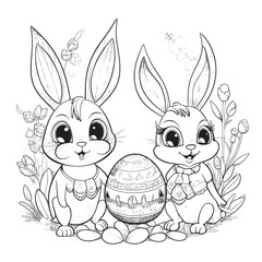 cute and adorable Bunny and Easter , black and white coloring book page, cartoon art, isolated on white background