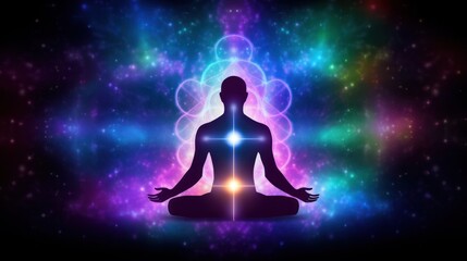 Meditating human silhouette in yoga pose. Galaxy universe background. Colorful chakras and aura glow. Meditation on outer space background with glowing chakras. Esoteric. - obrazy, fototapety, plakaty