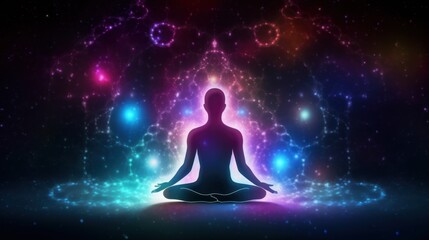 Meditating human silhouette in yoga pose. Galaxy universe background. Colorful chakras and aura glow. Meditation on outer space background with glowing chakras. Esoteric.