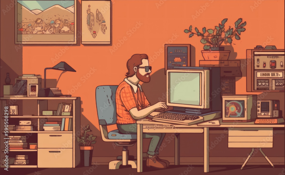 Poster man working at desk as if on holiday. 4-bit. generative ai