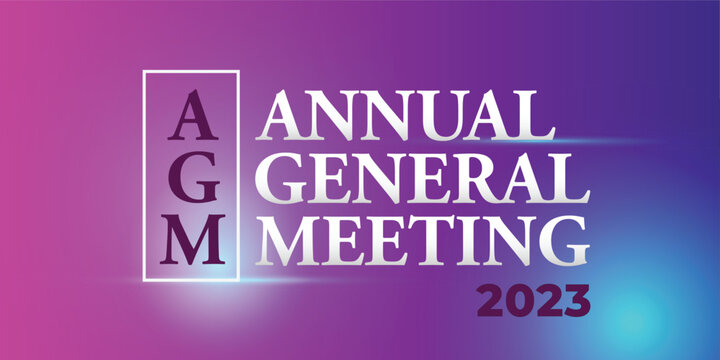 AGM. Annual General Meeting. 2023. Vibrant vector banner on gradient background. Concept of elegance with glare and glow.