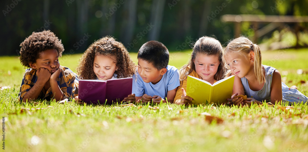 Sticker Children, books and lying in park with friends, learning or diversity for reading at school playground. Kids, education or study with support, mockup space or solidarity at multicultural kindergarten