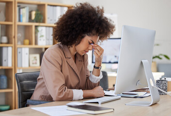 Headache, migraine and frustrated woman on computer stress, depression or health risk in office...