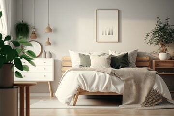 Scandinavian Modern Bedroom with Natural Wood Furniture, Painting in the Wall, Generative AI