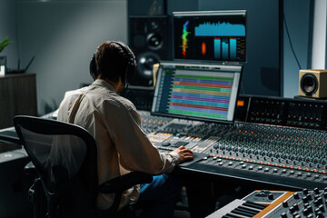 Sound engineer working in music studio with monitors and equalizer on screen mixing and mastering...