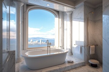 Luxury Hotel Bathroom with White Marble Bathtub, City view, Generative AI