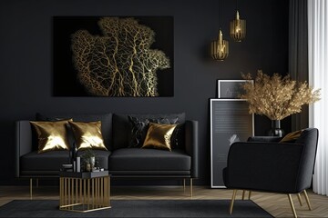 Modern Living Room with Black and Gold Furniture, Luxury Dark Room, Golden Wall Painting, Generative AI