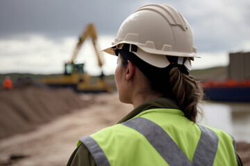 woman construction worker is looking at crane IA