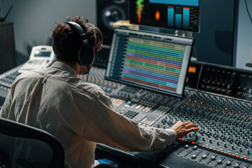 Sound engineer working in music studio with monitors and equalizer on screen mixing and mastering tracks