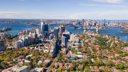 Aerial drone panoramic view of North Sydney with Sydney Harbour and Sydney City CBD in the...