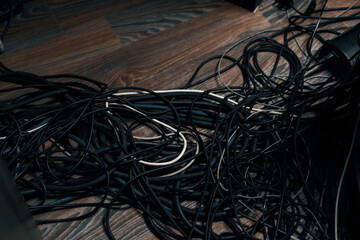 professional recording studio multi-colored wires connected to the console close-up