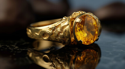 Amber ring in yellow gold. An engagement ring with Amber. b026# Created with generative AI.