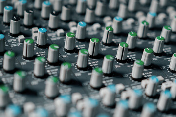 A recording studio control panel mixer with an equalizer faders buttons for broadcasting a...