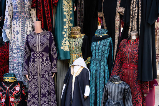 Traditional Jordanian Women's Abaya Dresses Colorfully Embroidered at a Shop in Amman, jordan