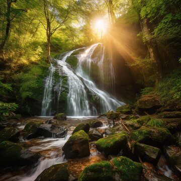 Stunning waterfall surrounded by green environment, Generative AI
