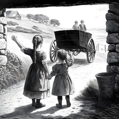 black and white illustration 1800 Scotland 2 little girls seen from behind wave goodbye to a boy in a horse drawn cart in background farmland small stone croft 