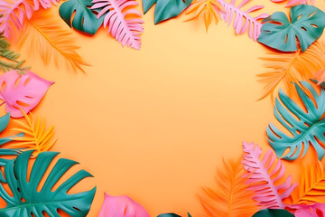 Fototapeta na wymiar Tropical leaves on orange background with place for text. With Generative AI tehnology