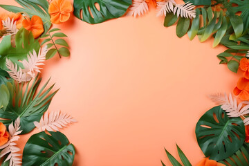 Tropical leaves on pink background with place for text. With Generative AI tehnology