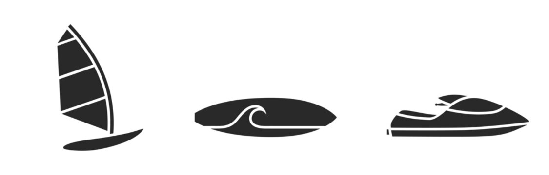 summer water beach sports icons. windsurfing, surfing and jet ski. sea vacation symbols