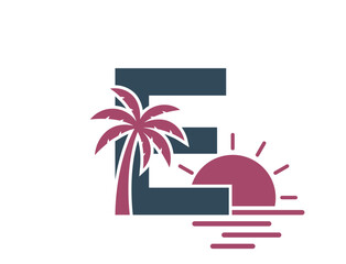 letter e with palm tree and sunset. vacation alphabet logotype symbol. summer and exotic tourism design