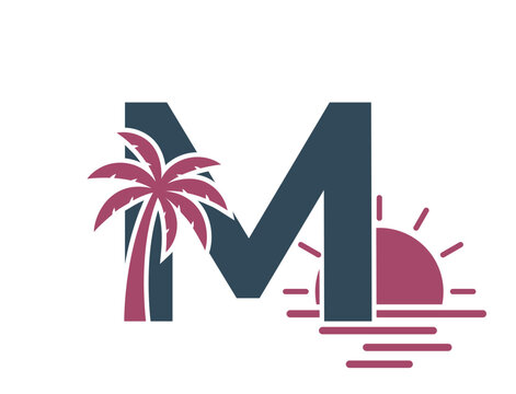 letter m with palm tree and sunset. vacation and resort text logo. summer and exotic tourism design
