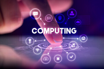 Finger touching tablet with web technology icons concept