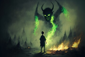 A dimly lit fantasy scene where a young boy confronts smoke creatures with demonic horns while holding a torch. Fantasy concept , Illustration painting. Generative AI