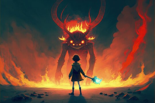 A dimly lit fantasy scene where a young boy confronts smoke creatures with demonic horns while holding a torch. Fantasy concept , Illustration painting. Generative AI