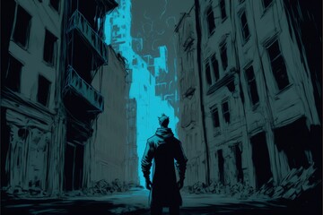 Hand-drawn illustration of a lone man standing amidst an abandoned city. Fantasy concept , Illustration painting. Generative AI