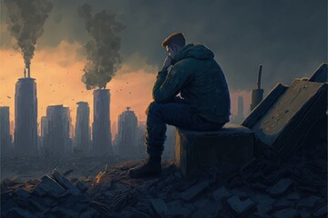 A survivor sits on a ruined building in a post-apocalyptic city. Fantasy concept , Illustration painting. Generative AI
