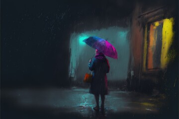 Fototapeta na wymiar Lonely woman standing with an umbrella on a rainy night in an abandoned city. Fantasy concept , Illustration painting. Generative AI