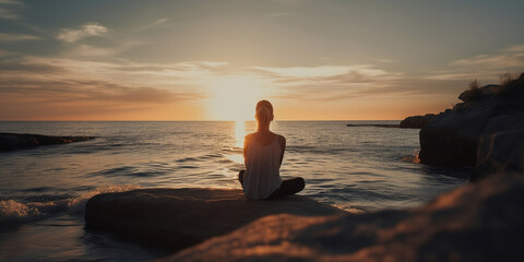 Fototapeta premium Young woman practicing yoga to the sea at sunset. Harmony, meditation, healthy lifestyle, relaxation, yoga, self care, mindfulness concept 