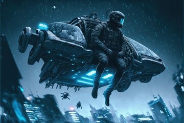 The man on a hovering craft glides through a futuristic metropolis in a sci-fi scene. Fantasy concept , Illustration painting. Generative AI