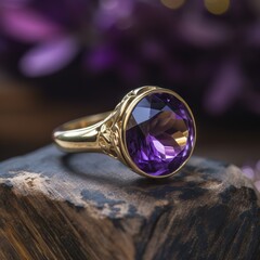 amethyst ring in yellow gold. Engagement ring with amethyst. a021# Created with generative AI.